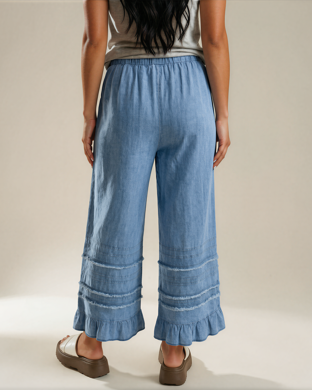 Frankie Ruffled Hem Wide Leg Chambray Pants
