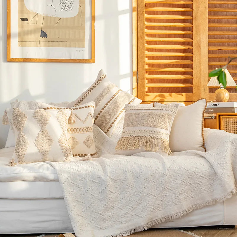 DecorBites™ Geometric Tufted Cushion Cover with Handmade Tassels & Patchwork
