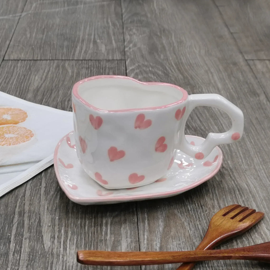 DecorBites™ Hand Painted Heart Handle Ceramic Love Mug - Pink