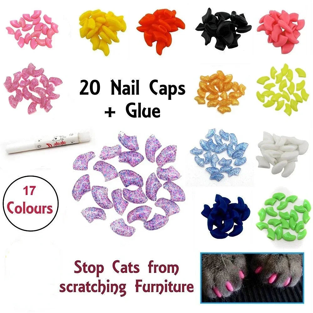 20pcs Soft Silicone Cat Nail Caps | Scratch Protection Covers for Pets