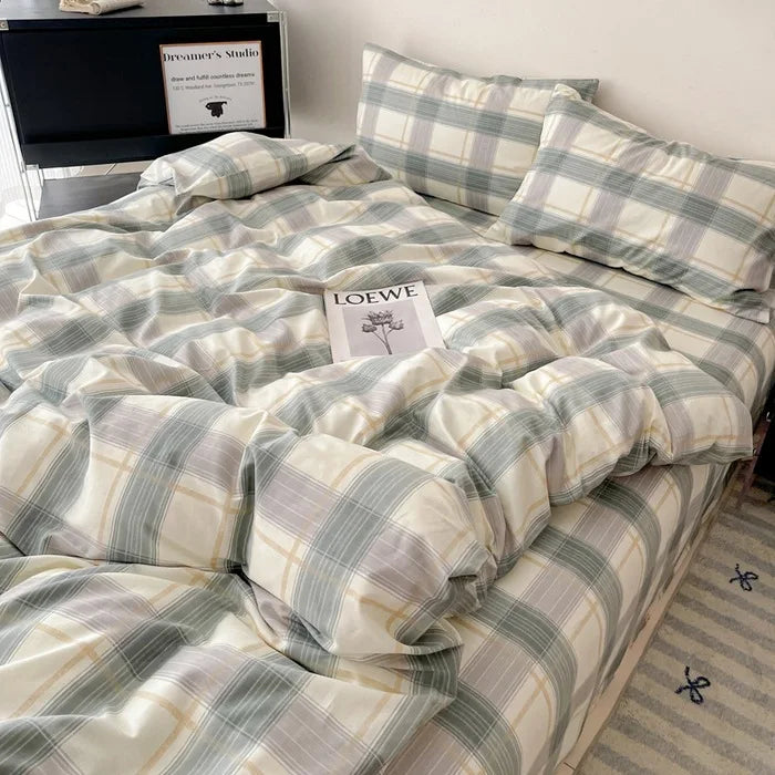 DecorBites™ Cotton Grid Bedding Set - Soft & Stylish Bed Sheet, Quilt Cover Kit