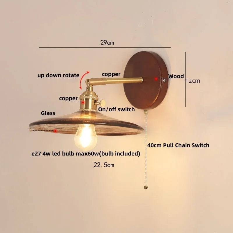 DecorBites™ Copper Glass LED Wall Sconce Pull Chain Switch Stair Light