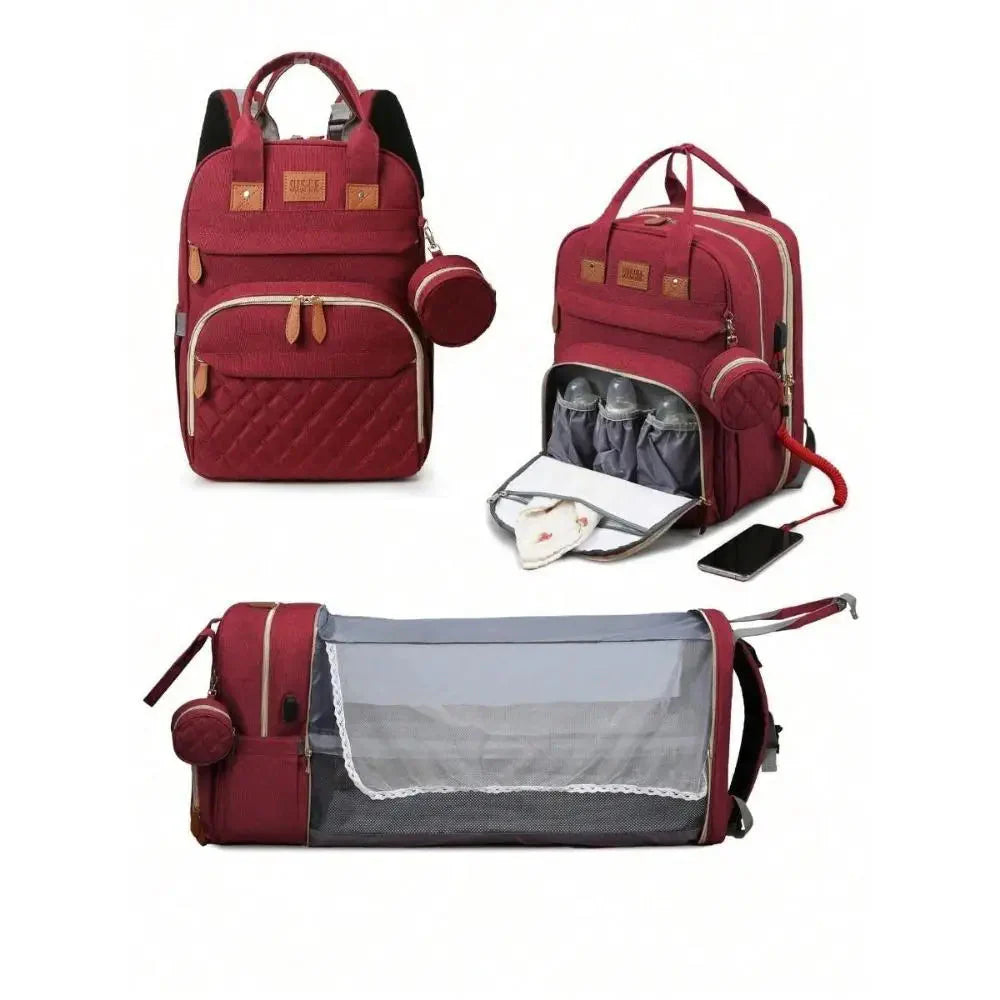 3 in 1 Diaper Bag Backpack with Foldable Baby Bed & USB