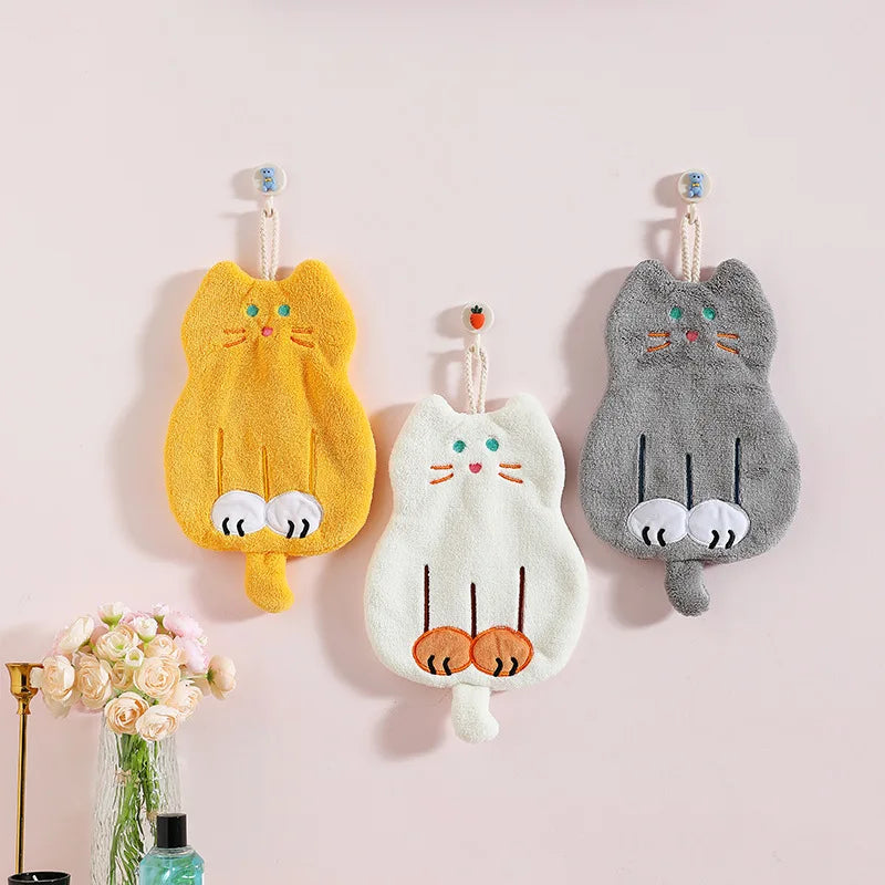 DecorBites™ Coral Plush Cat Microfiber Hand Towel: Cute Quick-Drying Kitchen Bathroom Accessory