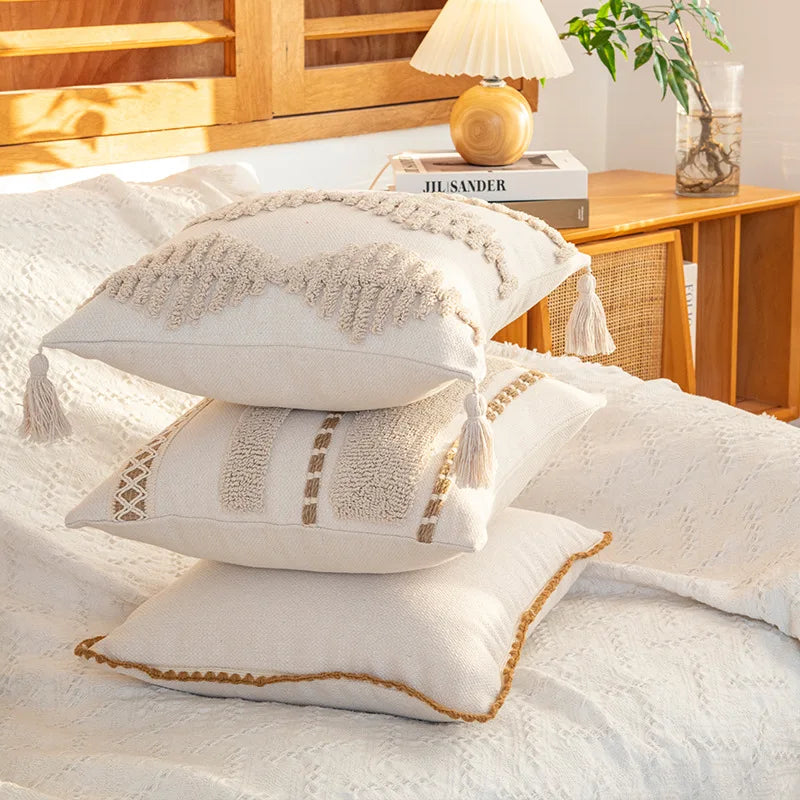 DecorBites™ Geometric Tufted Cushion Cover with Handmade Tassels & Patchwork