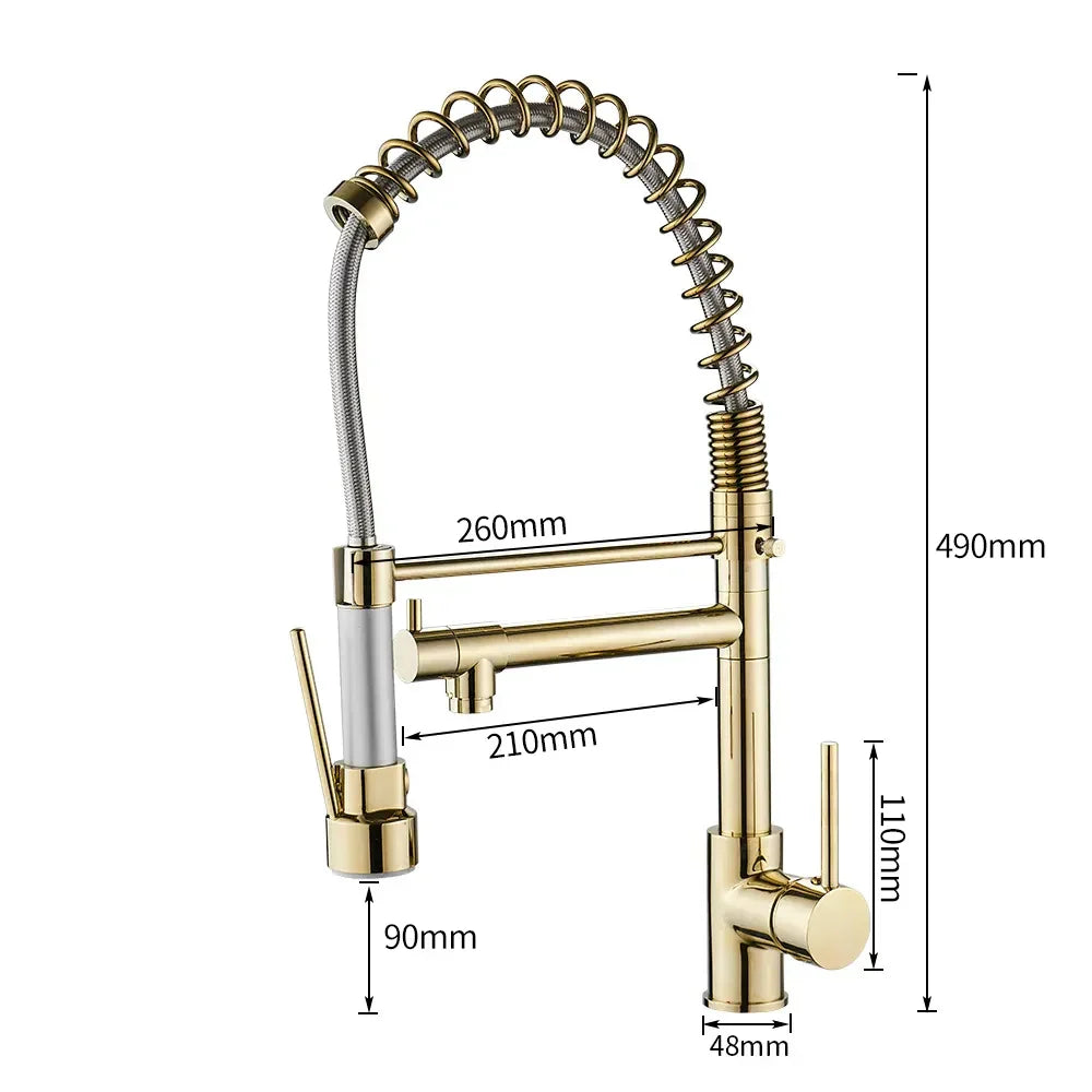 DecorBites™ Gold Spring Spout Kitchen Faucet - Single Pull Out Mixer Tap