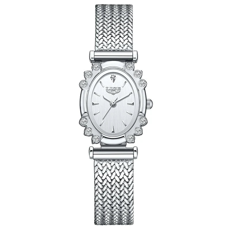 Women's Oval Crystal Bezel Watch, Woven Stainless Steel Bracelet