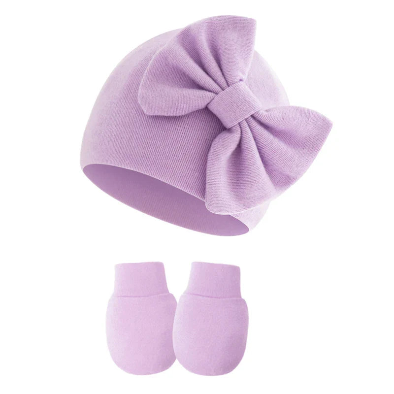 2Pcs Baby Girl Hat and Gloves Set | Newborn Princess Beanie with Big Bow for 0-6 Months