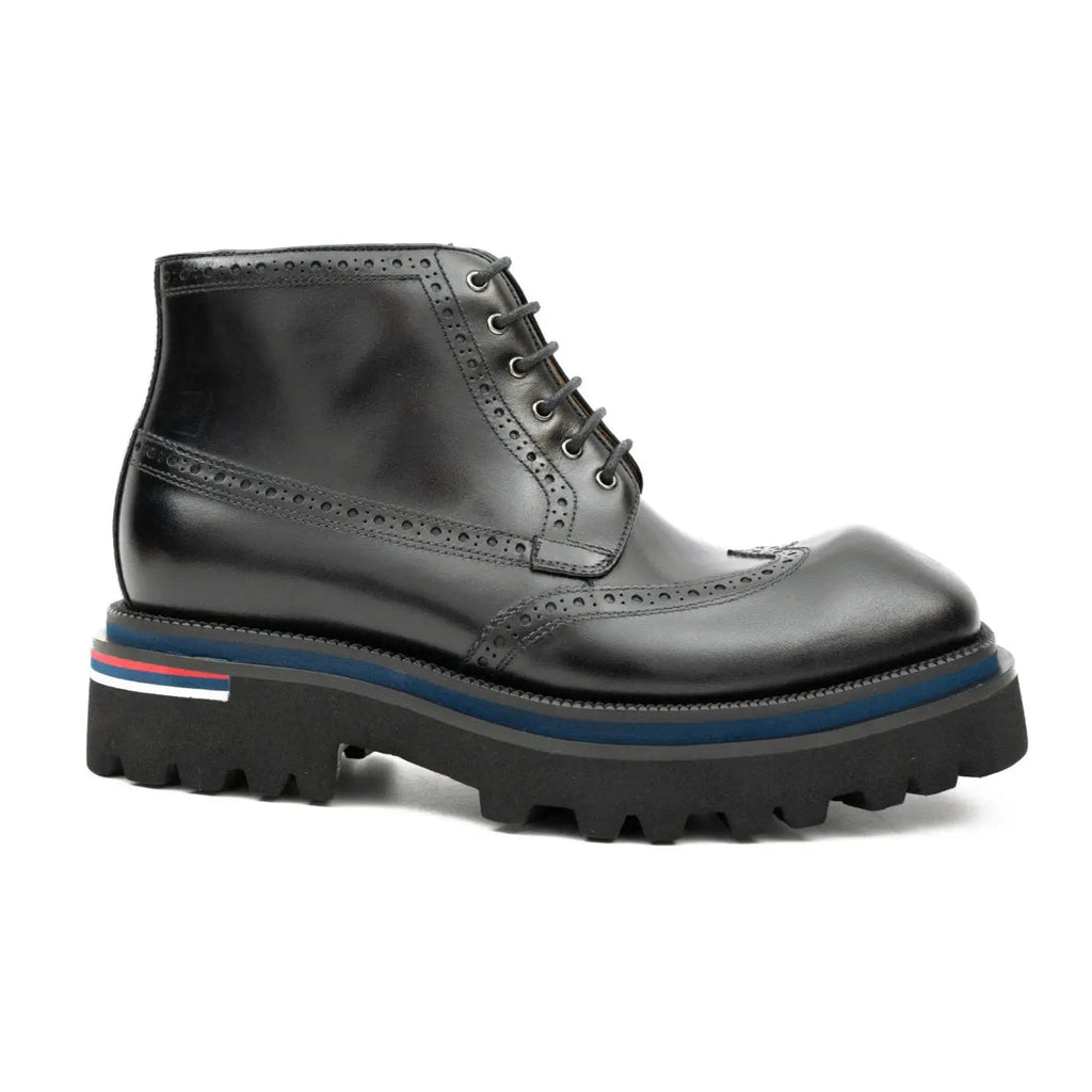Black Wingtip Lace-Up Ankle Boots with Metal Eyelets