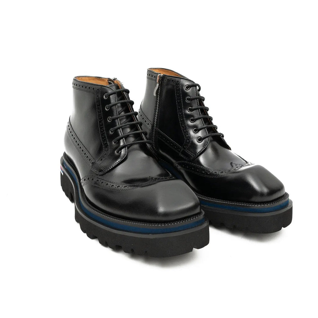 Black Wingtip Lace-Up Ankle Boots with Metal Eyelets