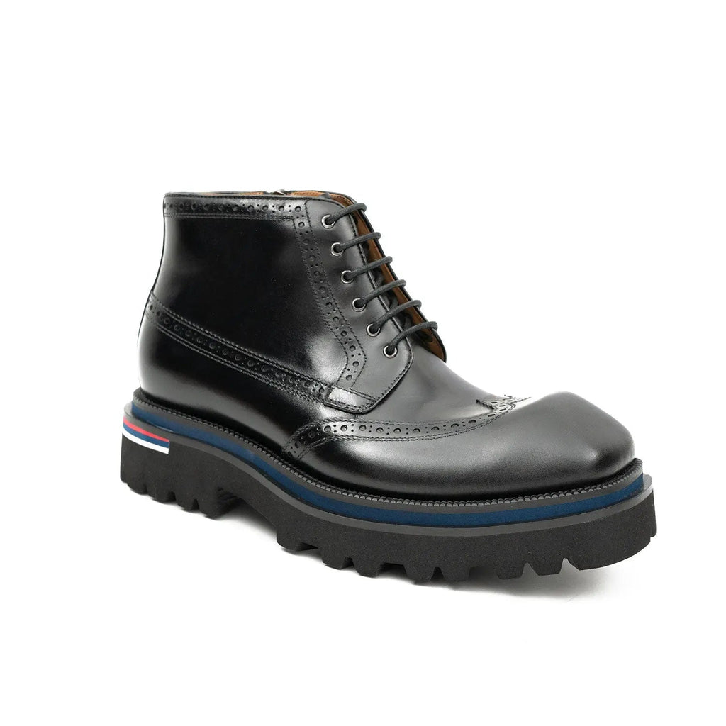 Black Wingtip Lace-Up Ankle Boots with Metal Eyelets