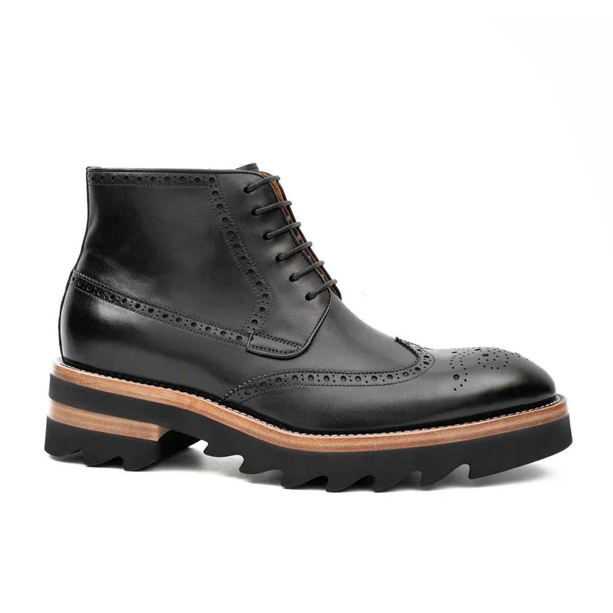 Black Wingtip Ankle Boots with Brown-Band Ridged Sole