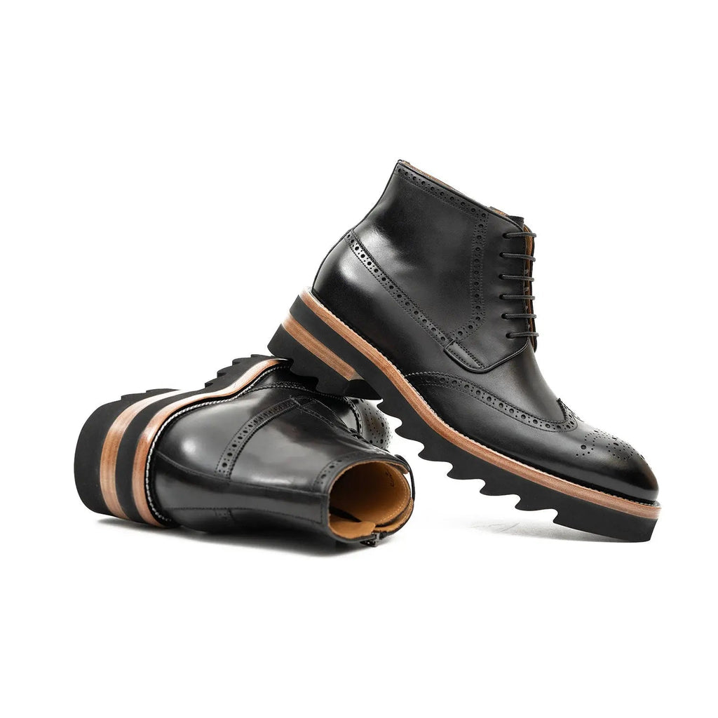 Black Wingtip Ankle Boots with Brown-Band Ridged Sole