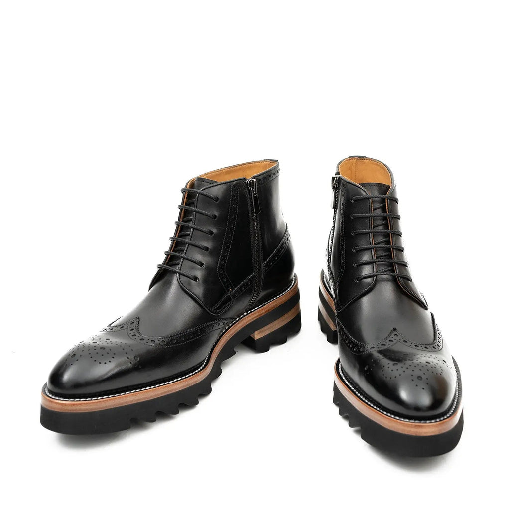 Black Wingtip Ankle Boots with Brown-Band Ridged Sole