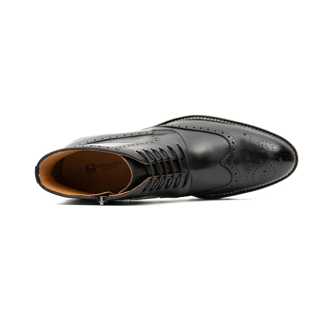 Black Wingtip Ankle Boots with Brown-Band Ridged Sole