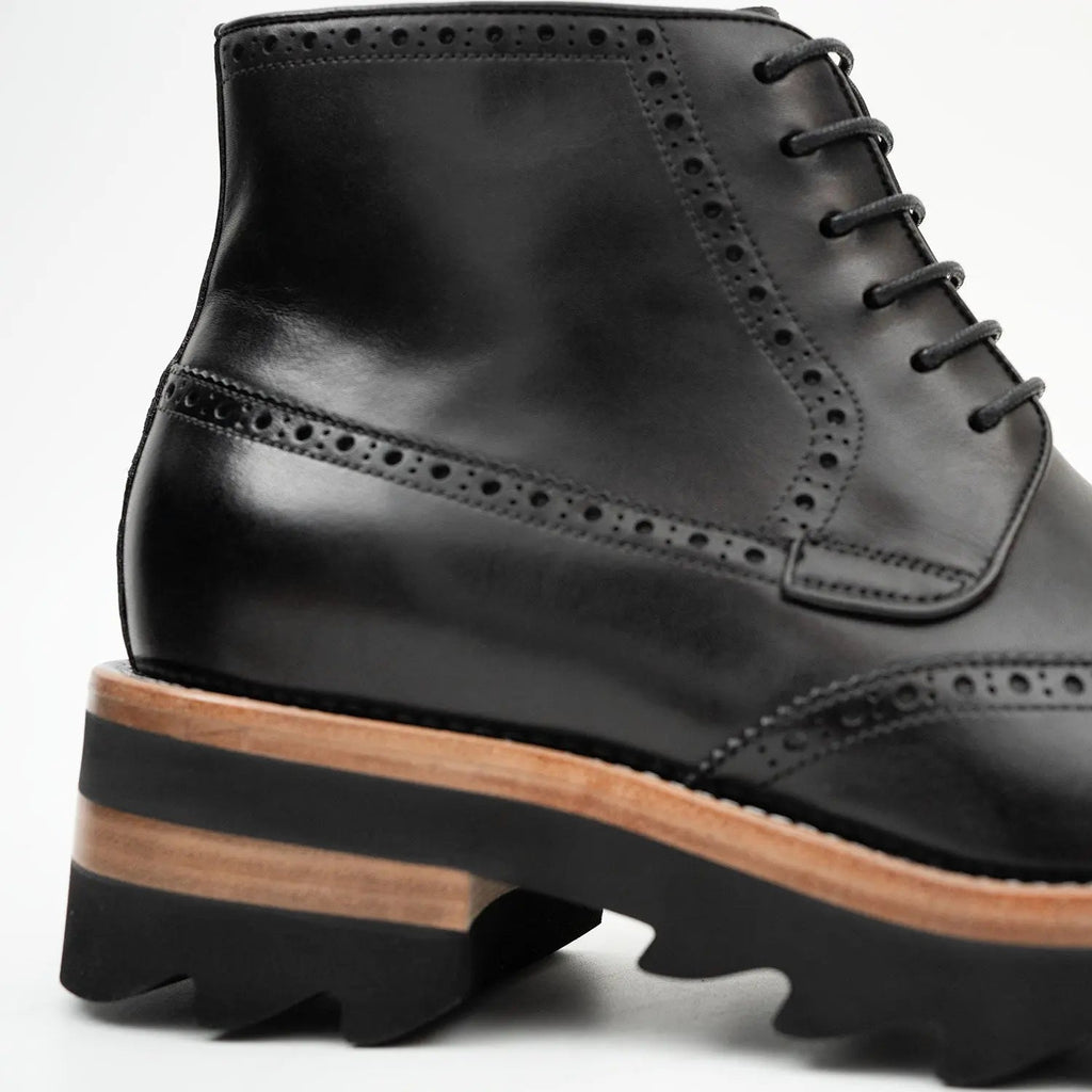 Black Wingtip Ankle Boots with Brown-Band Ridged Sole