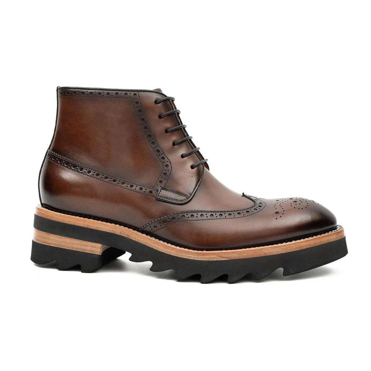 Brown Wingtip Ankle Boots with Side Zipper and Ridged Sole
