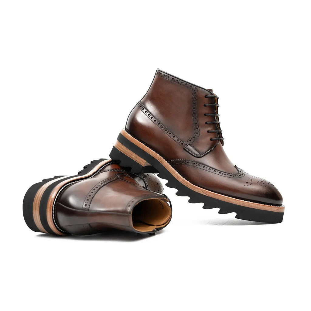 Brown Wingtip Ankle Boots with Side Zipper and Ridged Sole