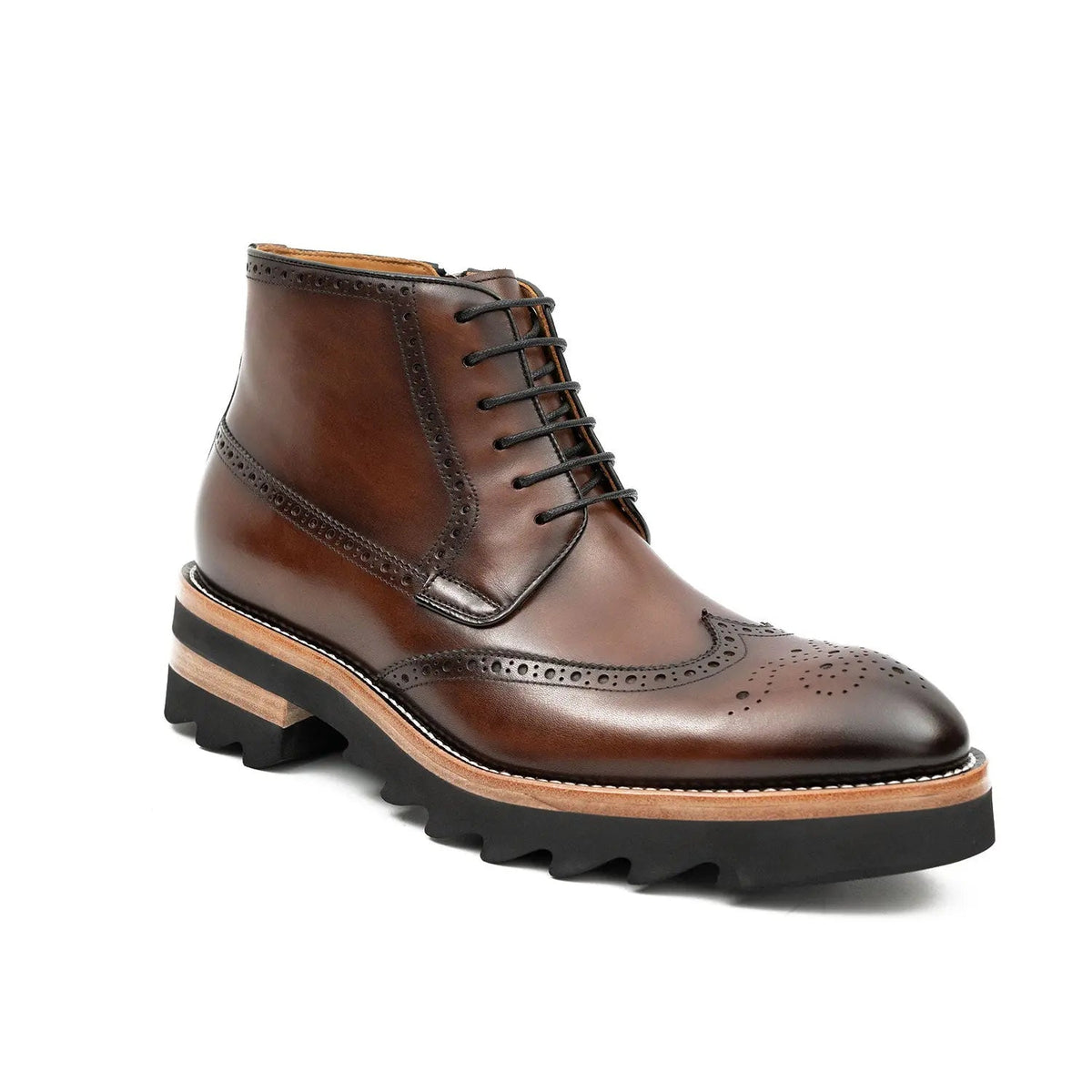 Brown Wingtip Ankle Boots with Side Zipper and Ridged Sole