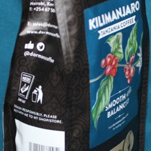 Dormans Kilimanjaro Tanzania Coffee pouch side angle view showing product packaging