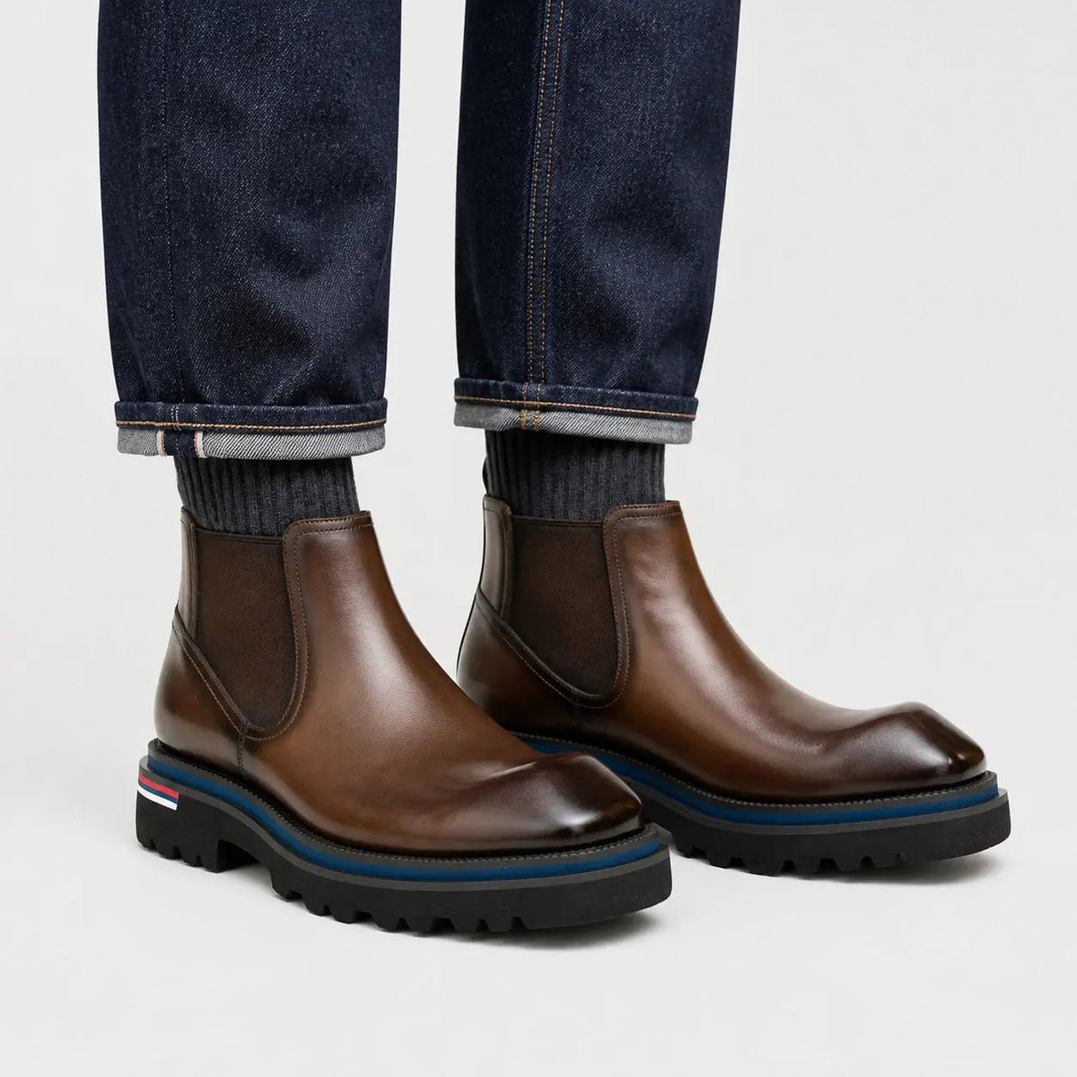 Brown Square-Toe Chelsea Boots with Pull Tab