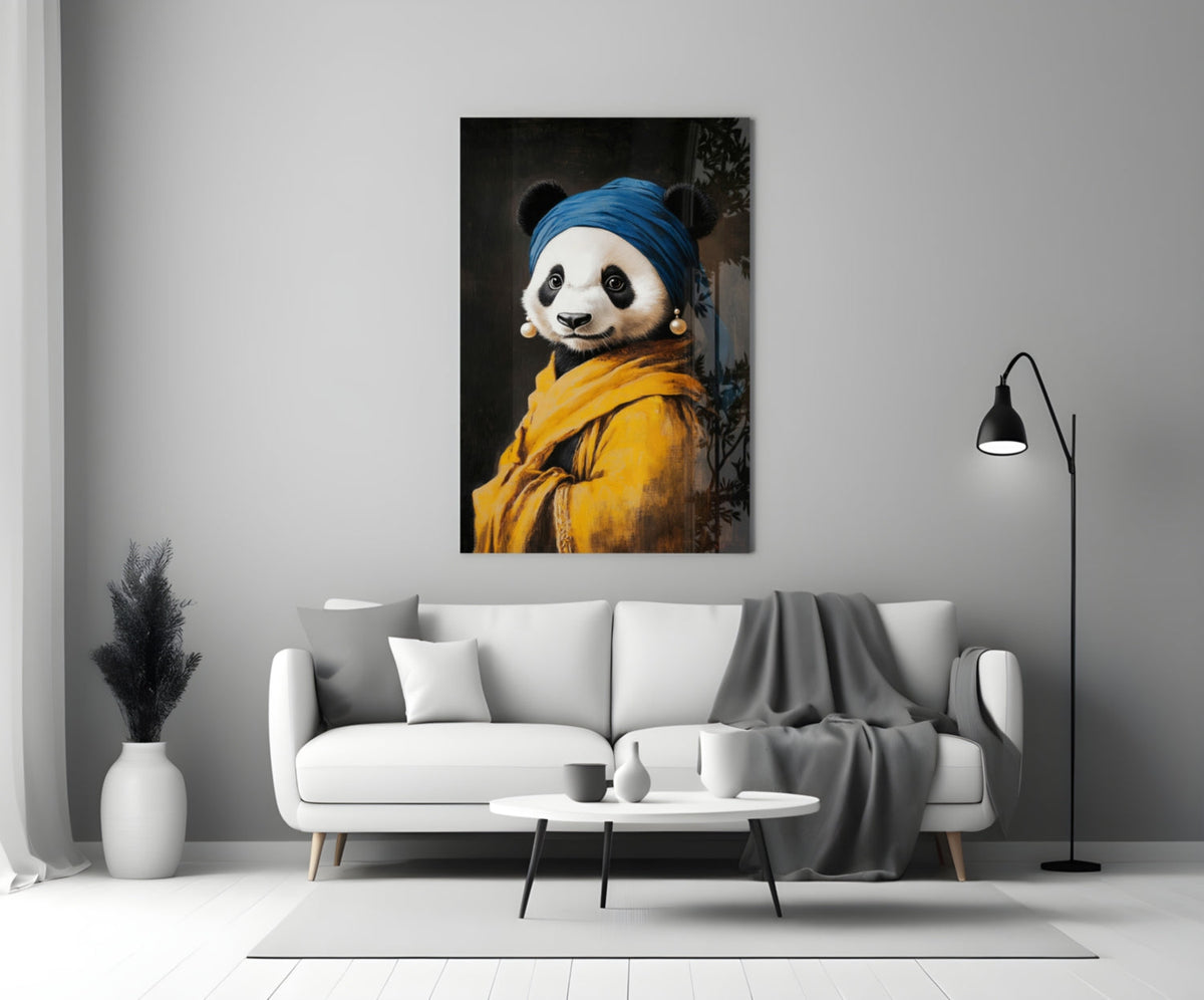 Panda with a Pearl Earring Glass Wall Art || Designer Collection