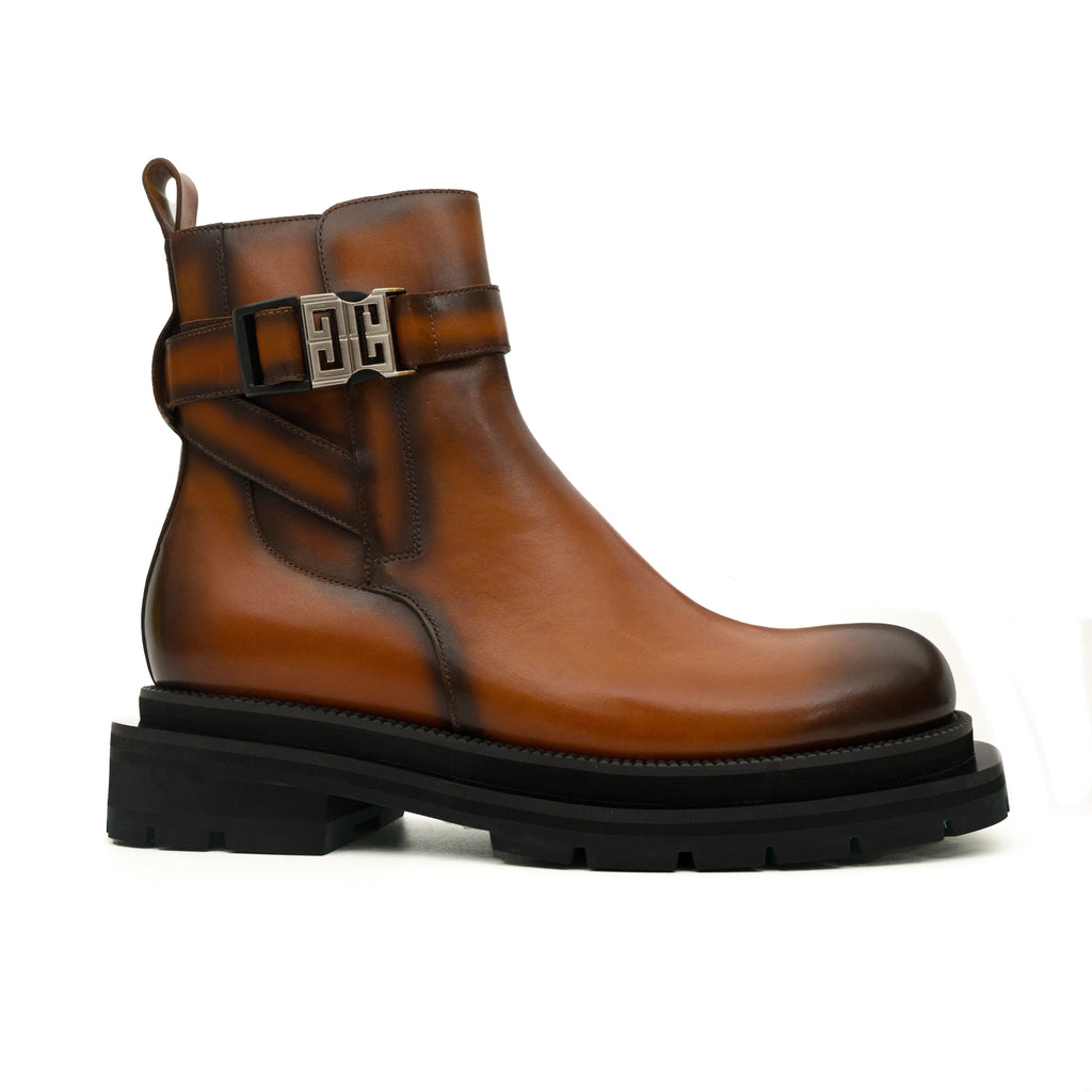Tan Plain-Toe Cow Leather Buckle Ankle Boots