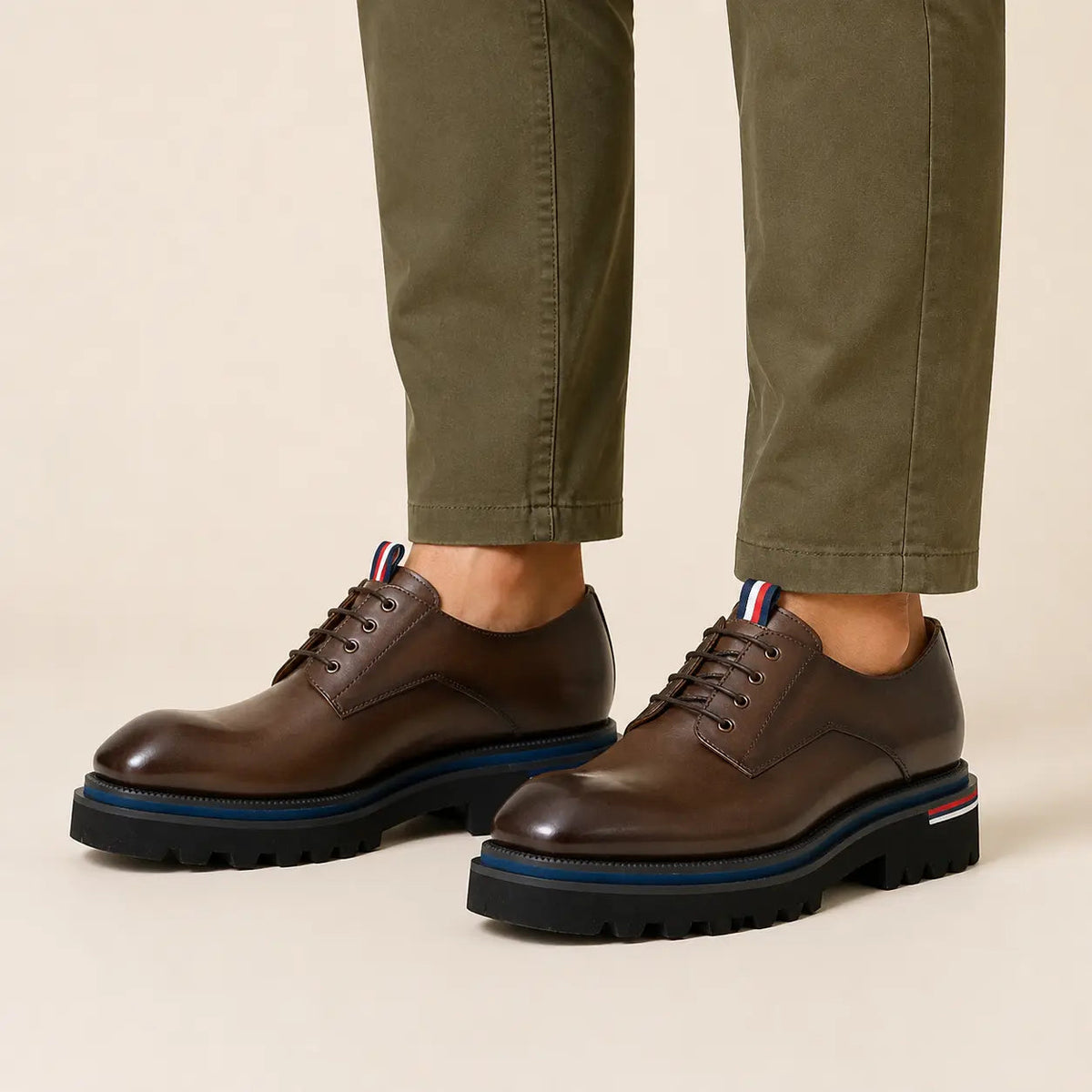 Taupe-Brown Plain-Toe Derby Shoes with Pull Tab