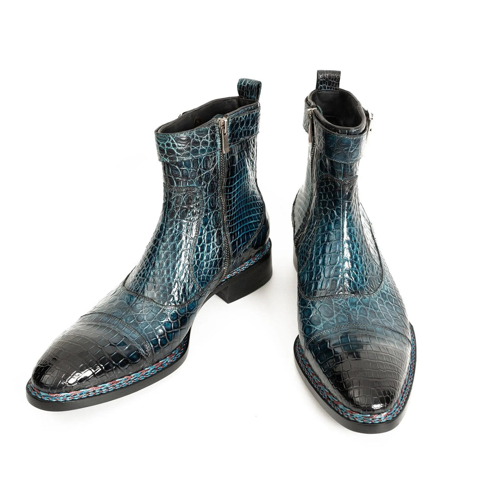 Dark Teal Textured Zip and Buckle Ankle Boot