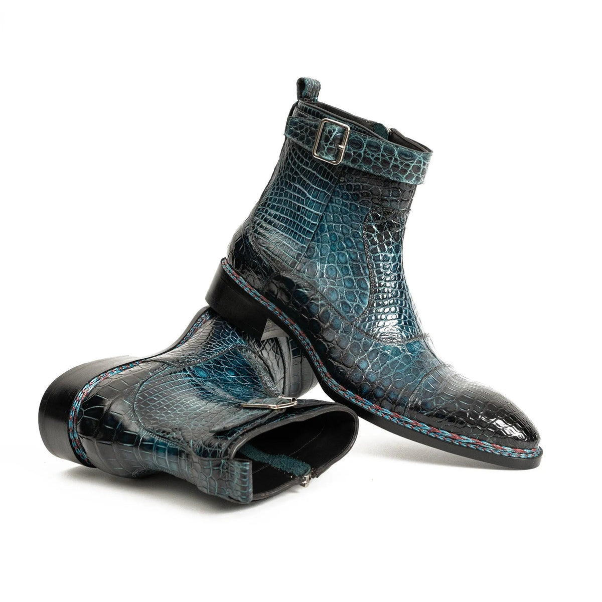 Dark Teal Textured Zip and Buckle Ankle Boot