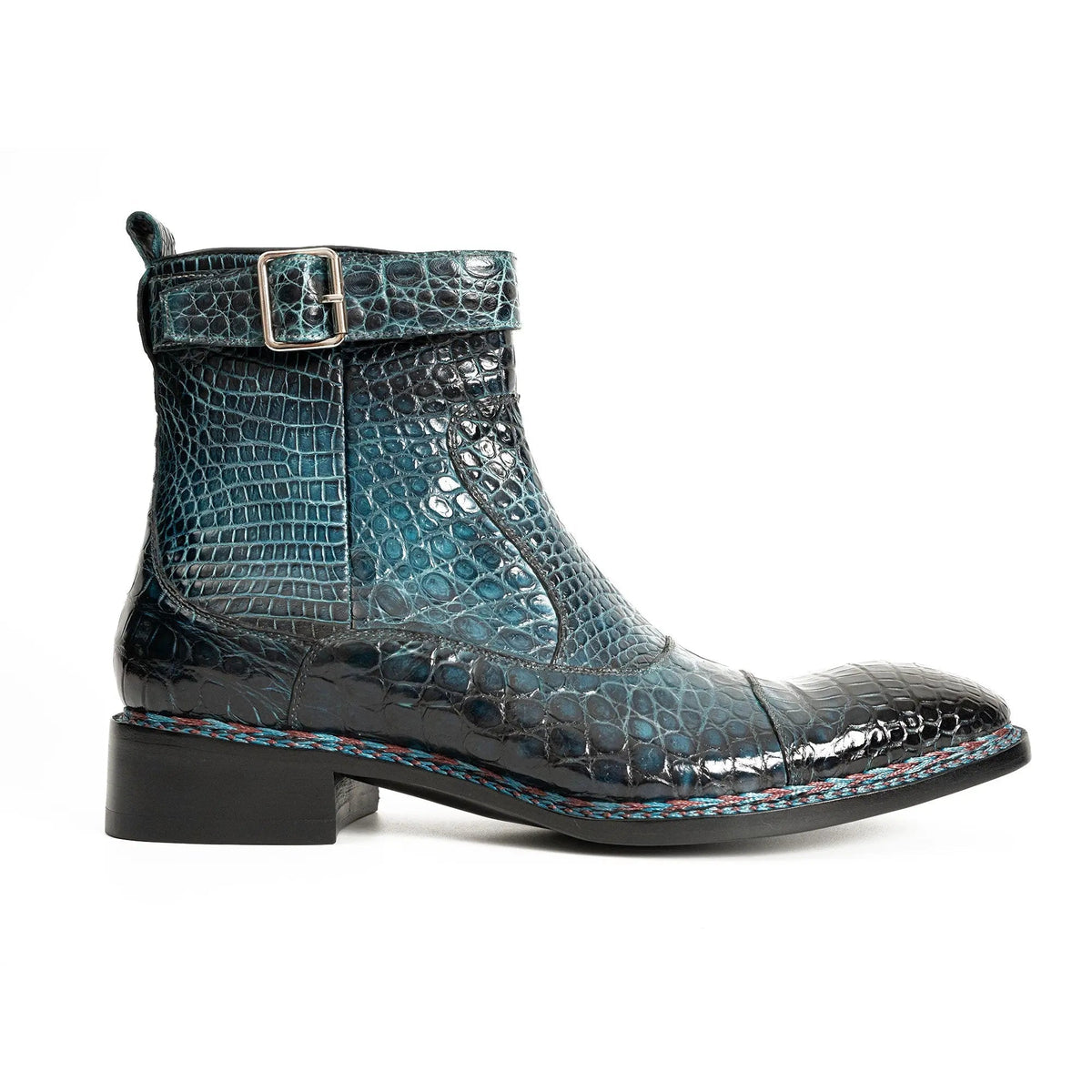 Dark Teal Textured Zip and Buckle Ankle Boot