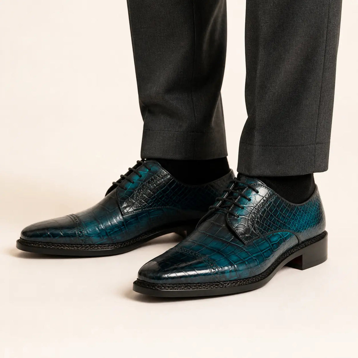 Teal Blue Cap-Toe Derby Shoes with Scale-Pattern Texture