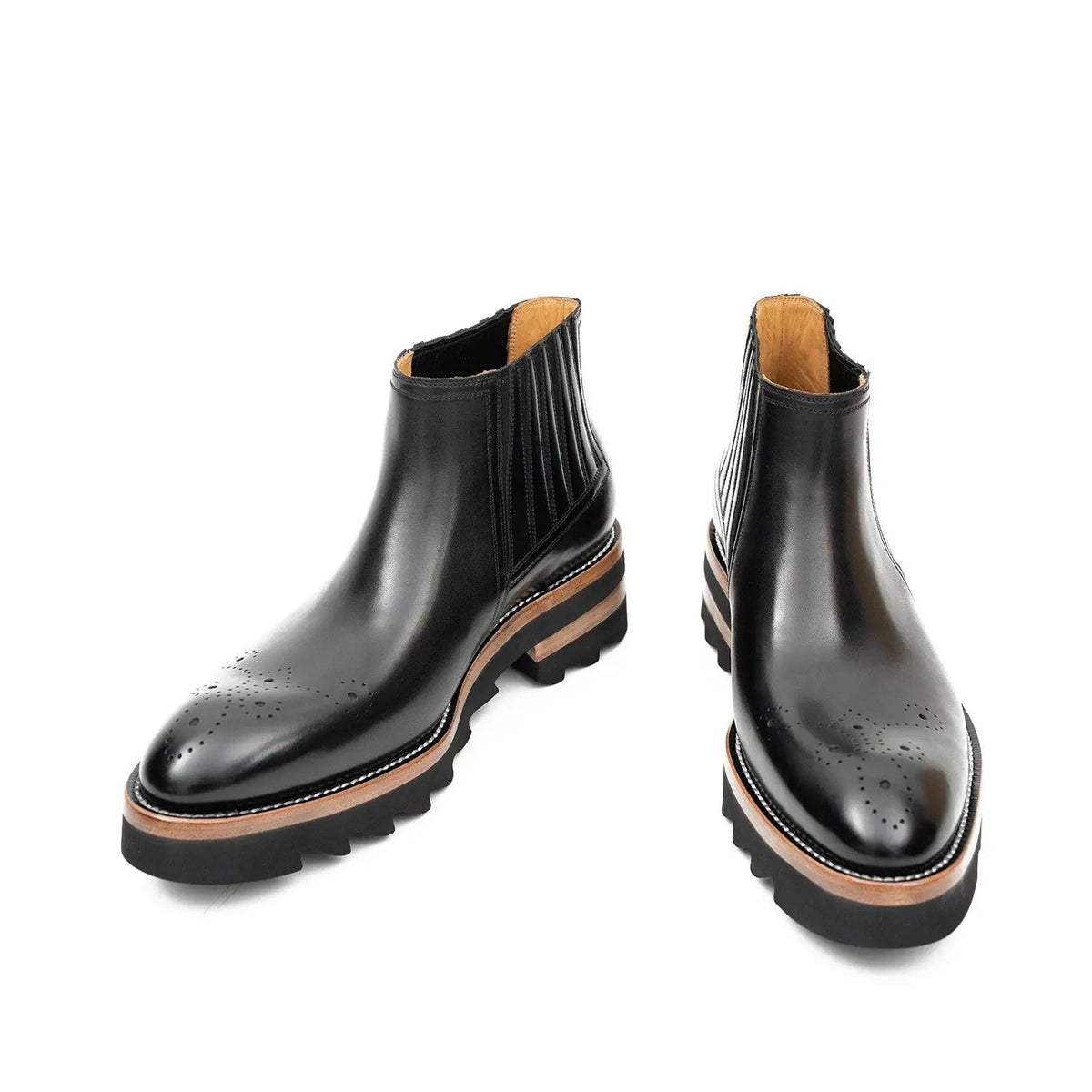 Black Round-Toe Chelsea Boots with Ribbed Panels