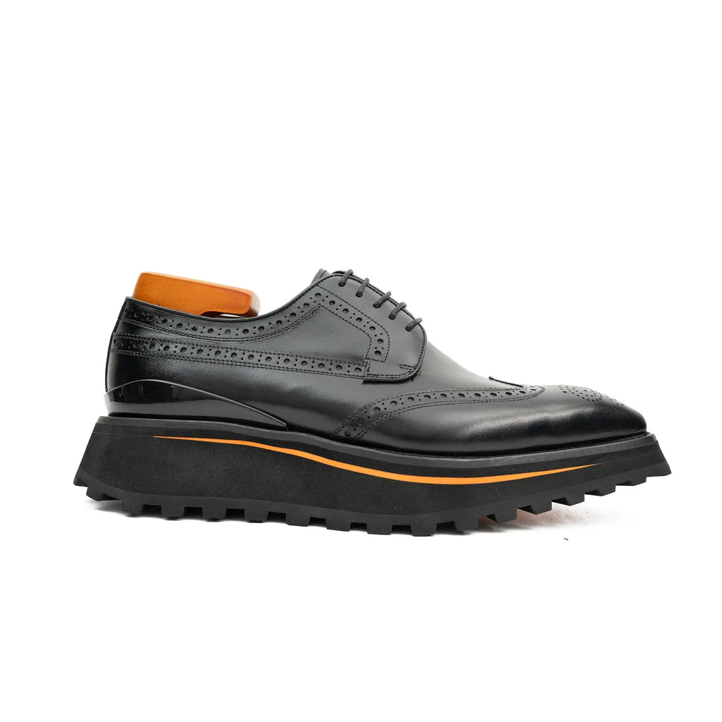 Black Wingtip Derby Shoes with Brown-Edge Lug Sole