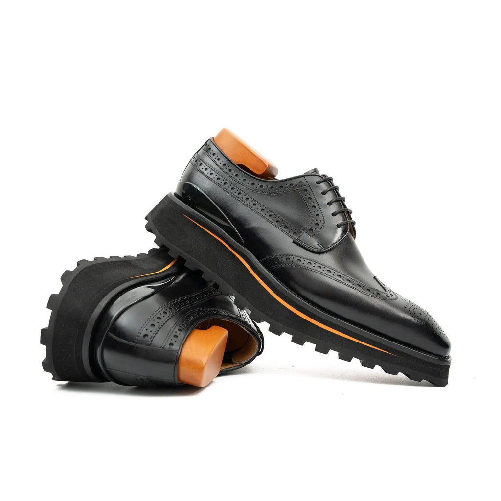 Black Wingtip Derby Shoes with Brown-Edge Lug Sole