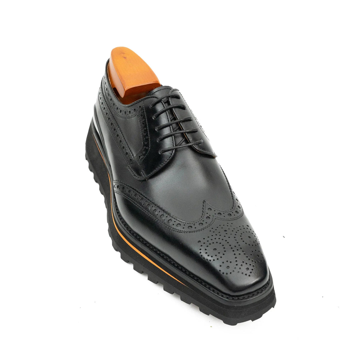 Black Wingtip Derby Shoes with Brown-Edge Lug Sole