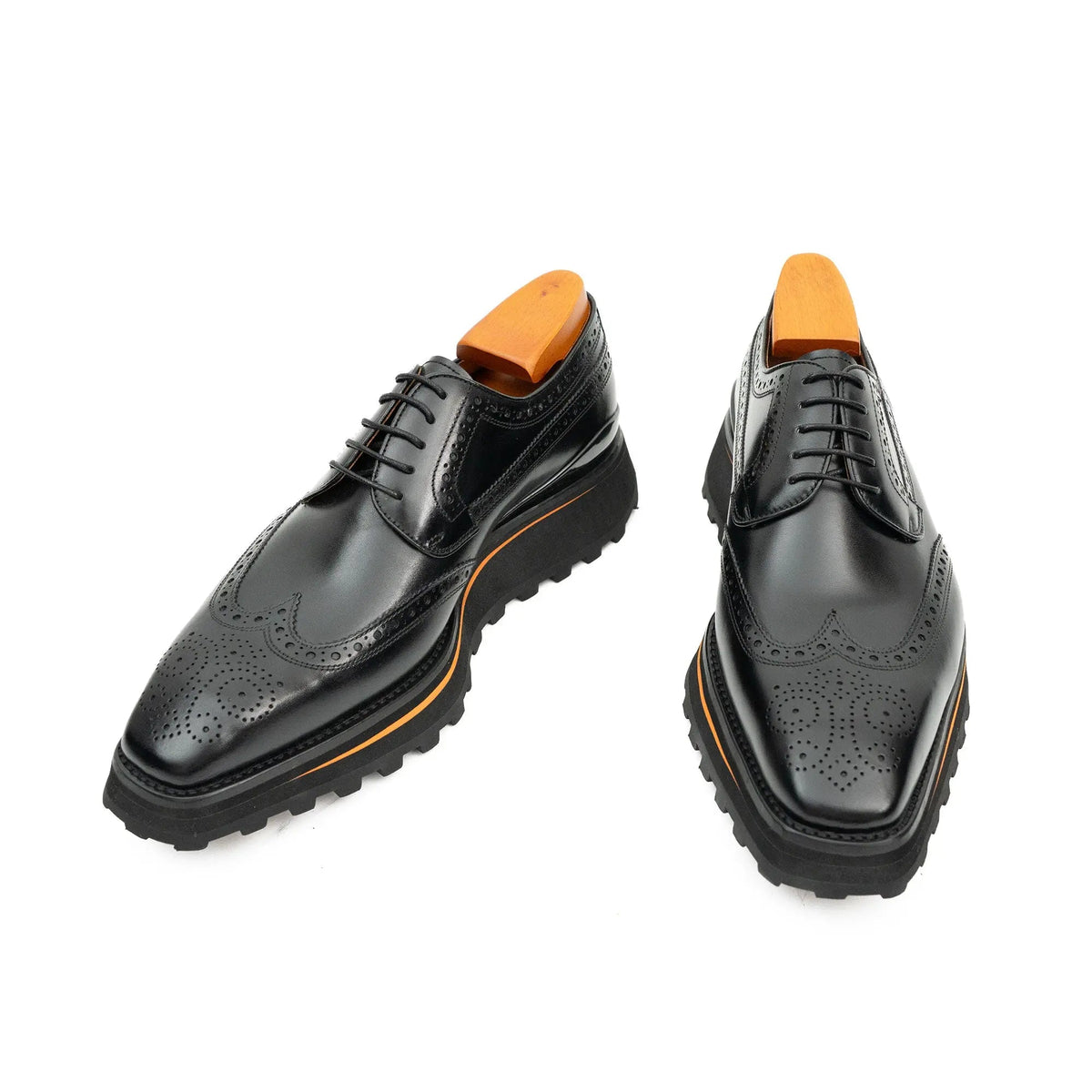 Black Wingtip Derby Shoes with Brown-Edge Lug Sole