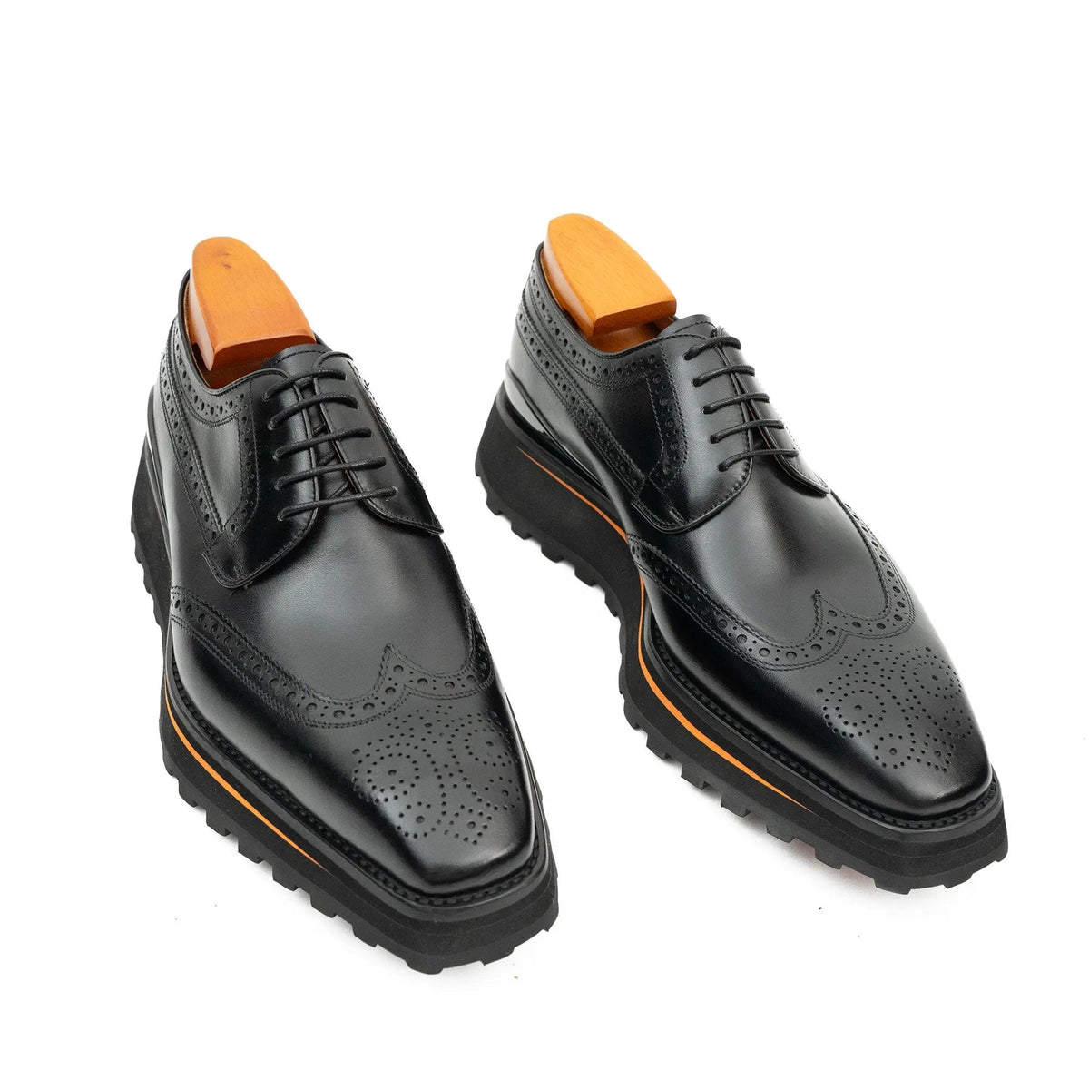 Black Wingtip Derby Shoes with Brown-Edge Lug Sole