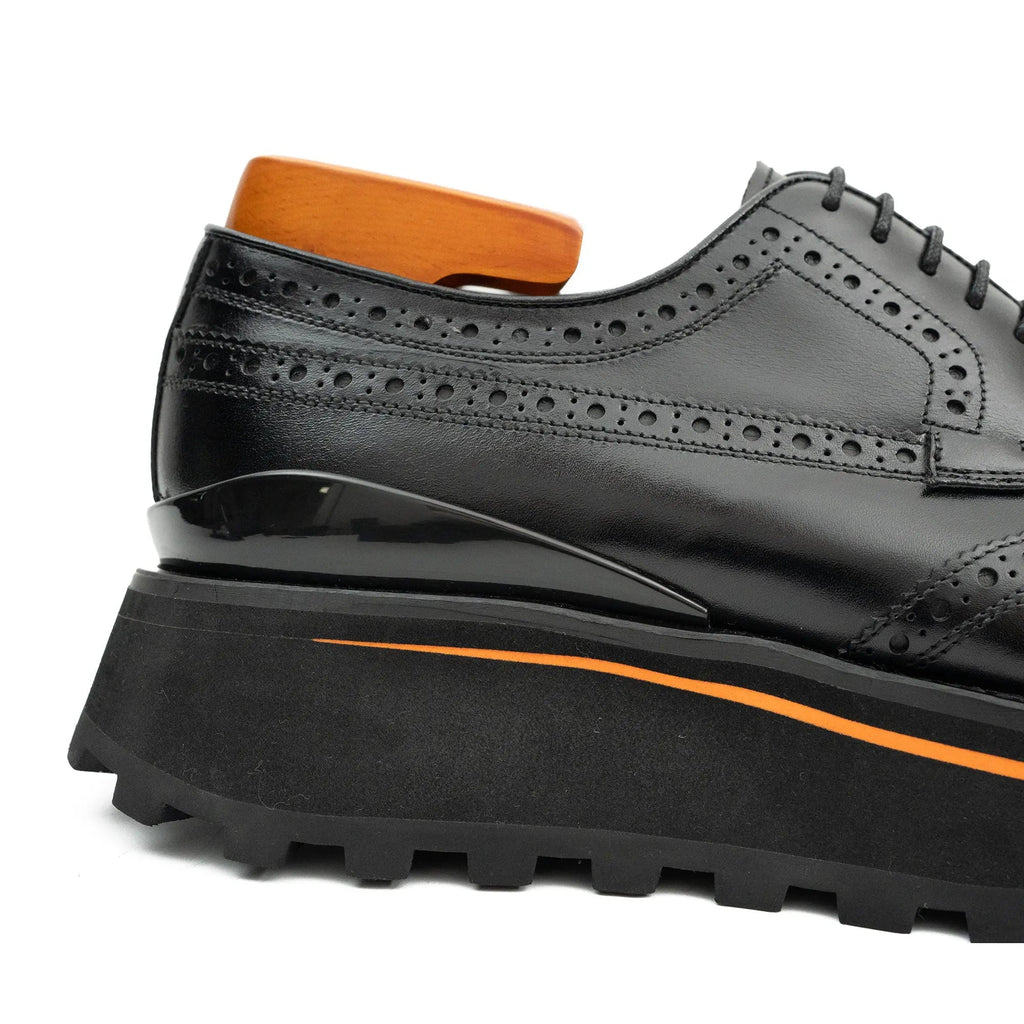 Black Wingtip Derby Shoes with Brown-Edge Lug Sole