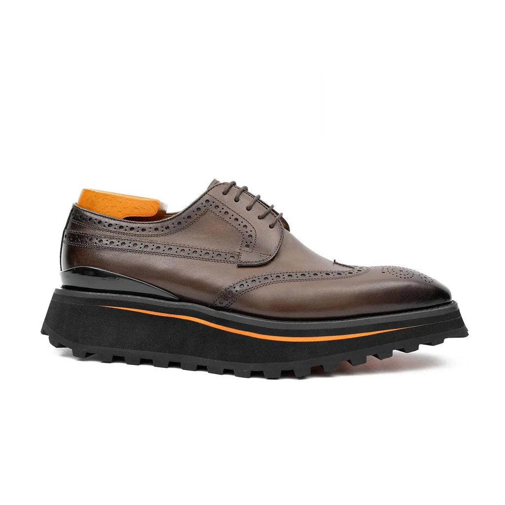 Brown Perforated Wingtip Derby Shoes with Brown-Edge Lug Sole