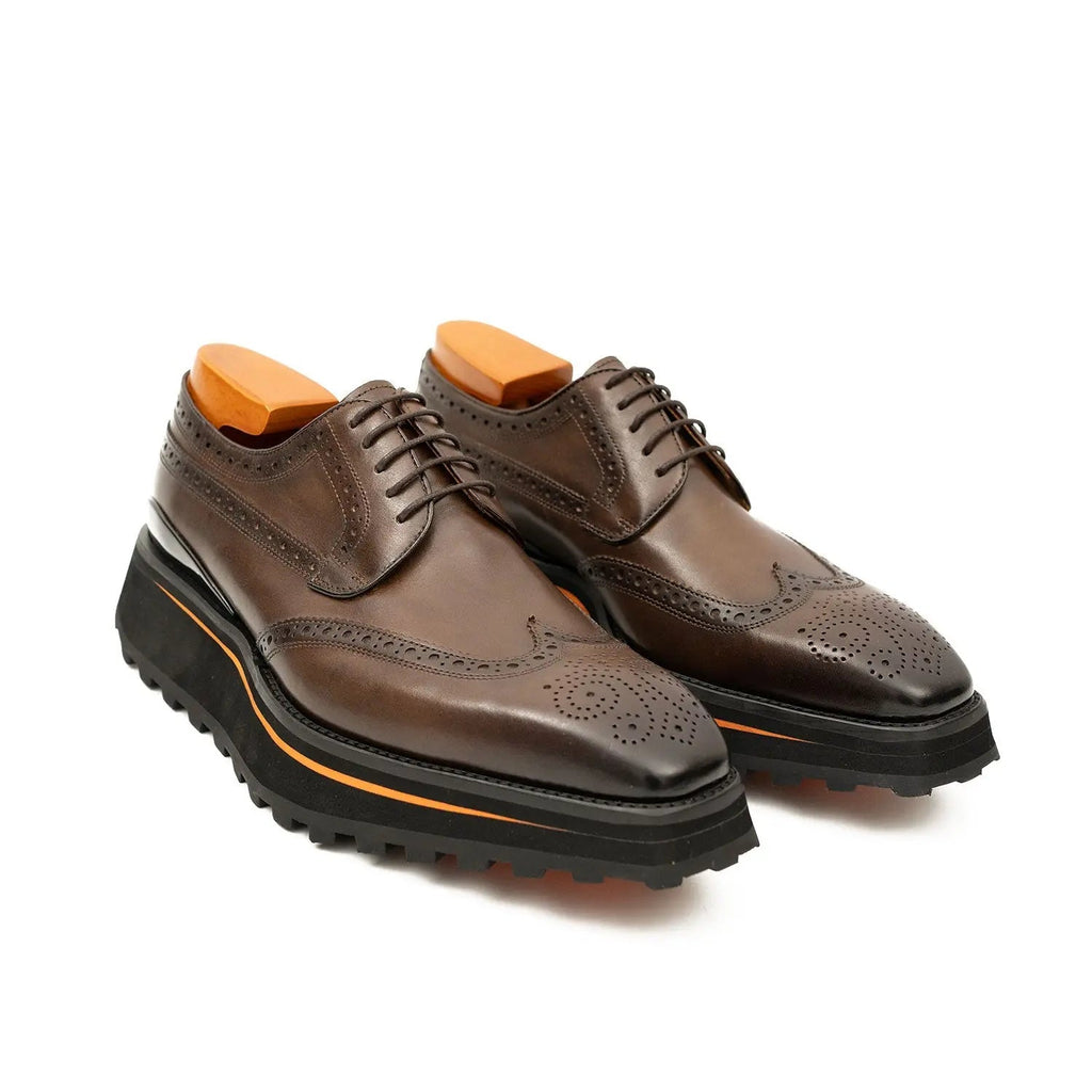 Brown Perforated Wingtip Derby Shoes with Brown-Edge Lug Sole