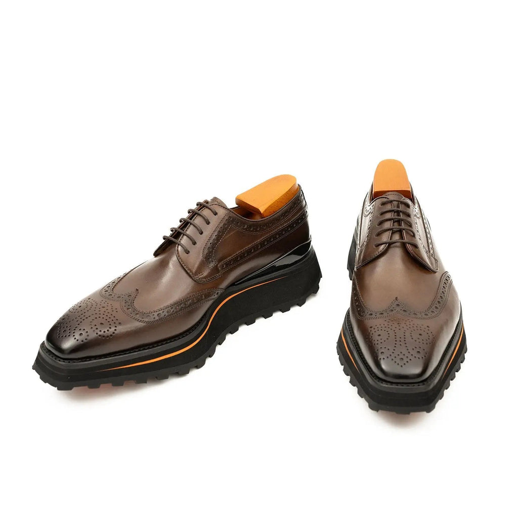 Brown Perforated Wingtip Derby Shoes with Brown-Edge Lug Sole