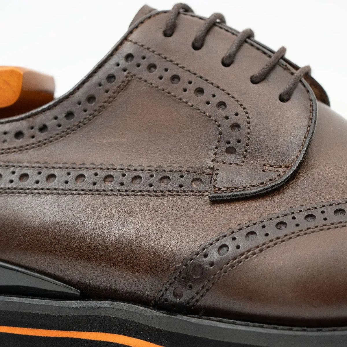 Brown Perforated Wingtip Derby Shoes with Brown-Edge Lug Sole