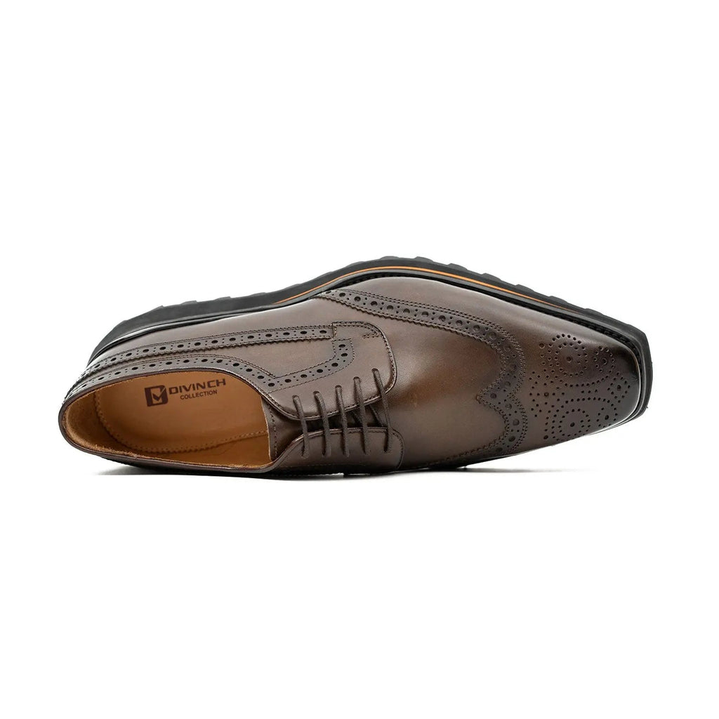 Brown Perforated Wingtip Derby Shoes with Brown-Edge Lug Sole
