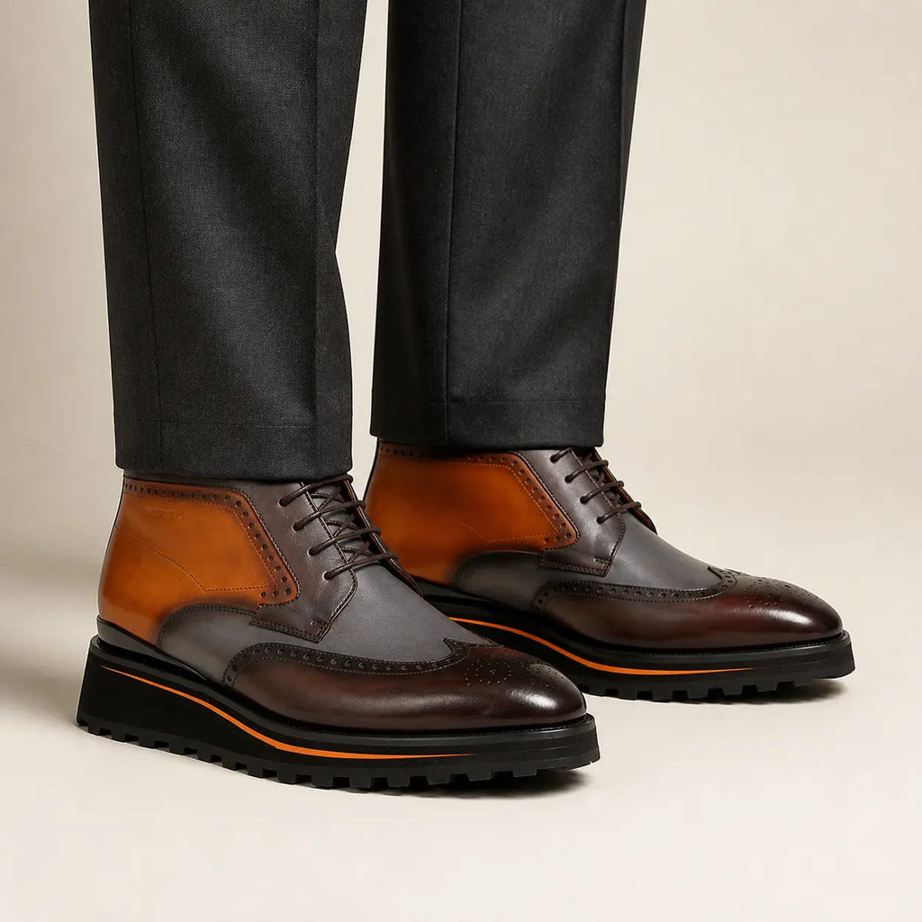 Two-Tone Wingtip Ankle Boots with Metal Eyelets