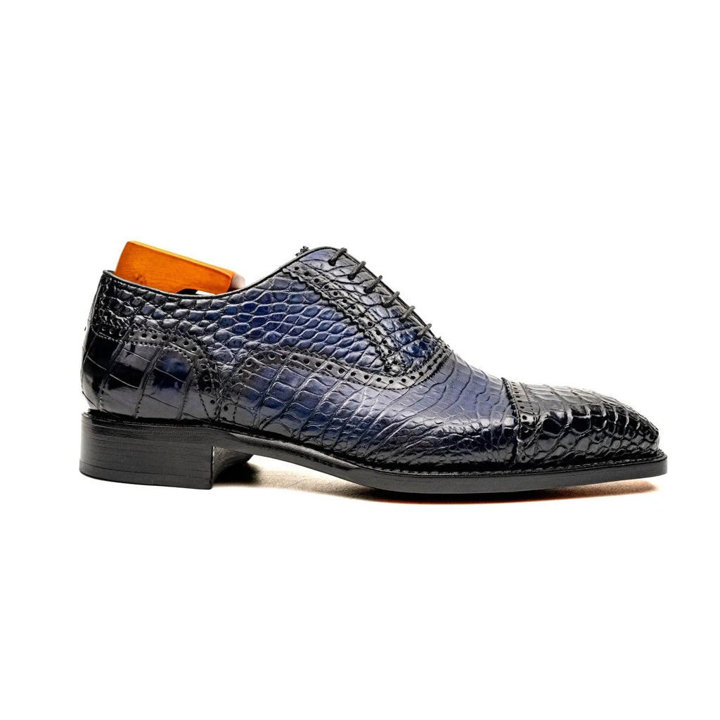 Dark Blue Cap-Toe Oxford Shoes with Perforated Detail