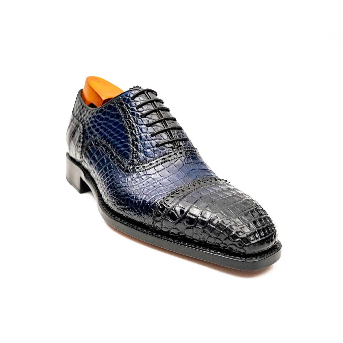 Dark Blue Cap-Toe Oxford Shoes with Perforated Detail