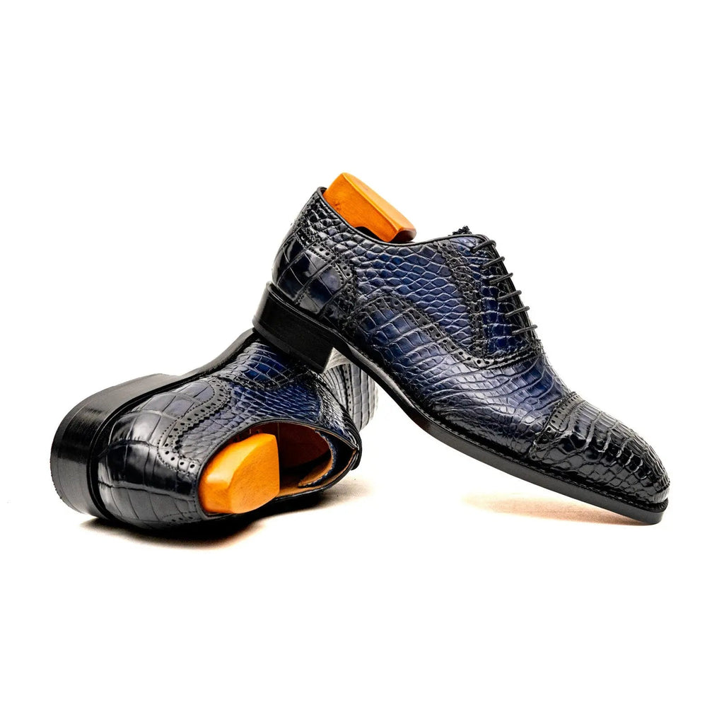 Dark Blue Cap-Toe Oxford Shoes with Perforated Detail