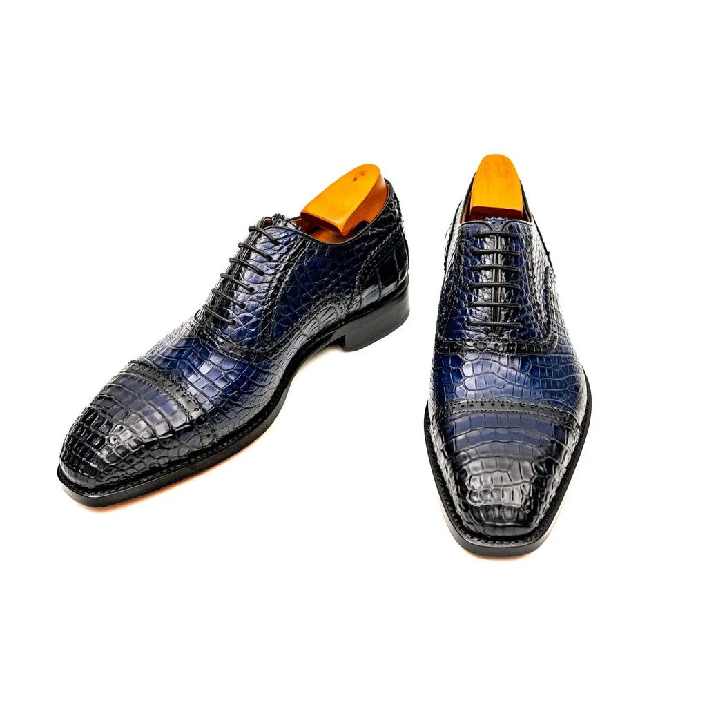 Dark Blue Cap-Toe Oxford Shoes with Perforated Detail