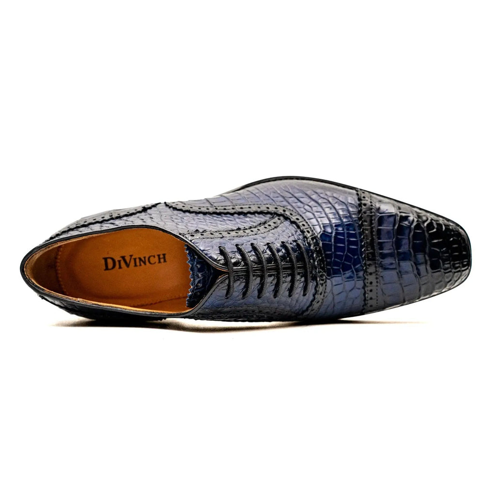 Dark Blue Cap-Toe Oxford Shoes with Perforated Detail